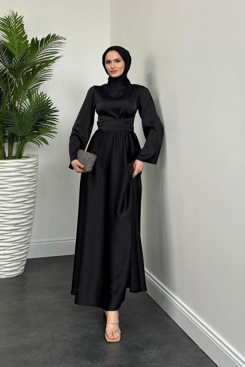 Valeria Kuşaklı Saten Abiye Siyah