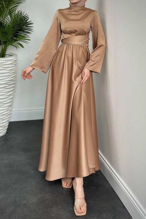 Valeria Kuşaklı Saten Abiye Vizon