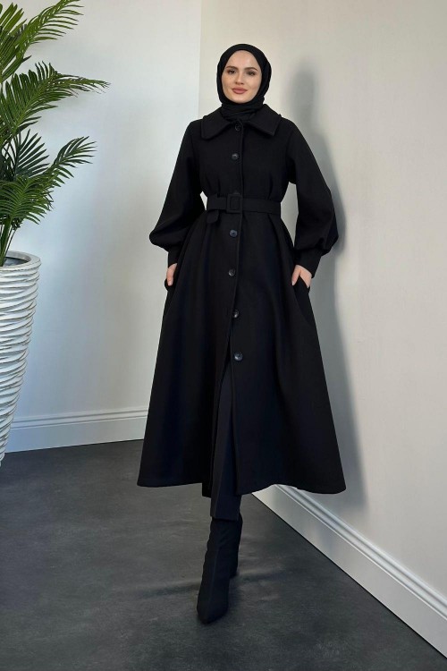 Valery Kolu Manşetli Kemerli Astarlı Kaşe Kaban Siyah