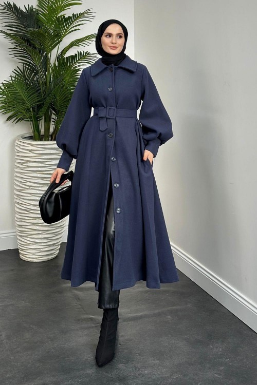 Valery Kolu Manşetli Kemerli Astarlı Kaşe Kaban İndigo