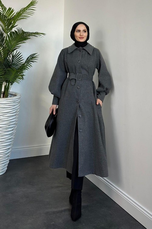 Valery Kolu Manşetli Kemerli Astarlı Kaşe Kaban Füme