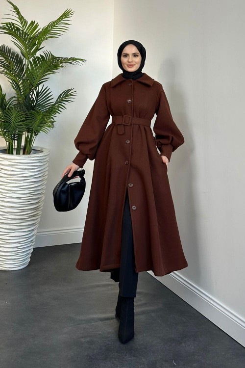 Valery Kolu Manşetli Kemerli Astarlı Kaşe Kaban Kahverengi