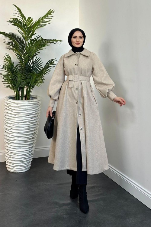 Valery Kolu Manşetli Kemerli Astarlı Kaşe Kaban Vizon