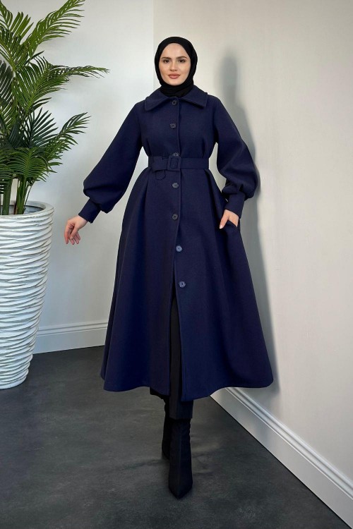 Valery Kolu Manşetli Kemerli Astarlı Kaşe Kaban Lacivert