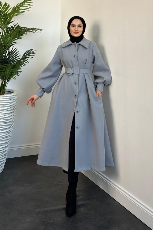 Valery Kolu Manşetli Kemerli Astarlı Kaşe Kaban Gri