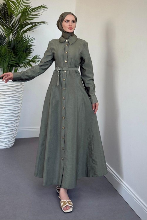 Valira Düğmeli Kemerli Elbise Haki