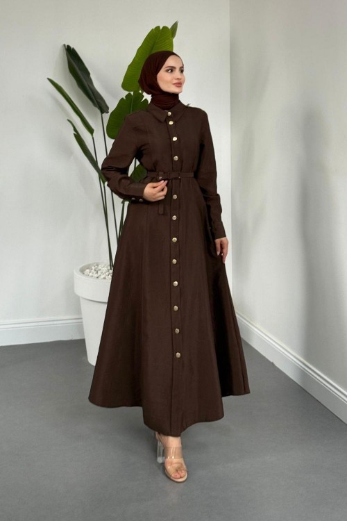 Valira Düğmeli Kemerli Elbise Kahverengi