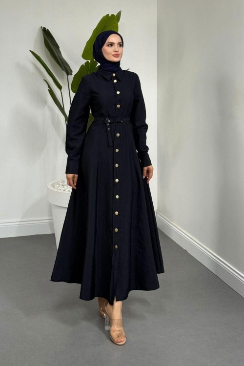 Valira Düğmeli Kemerli Elbise Lacivert