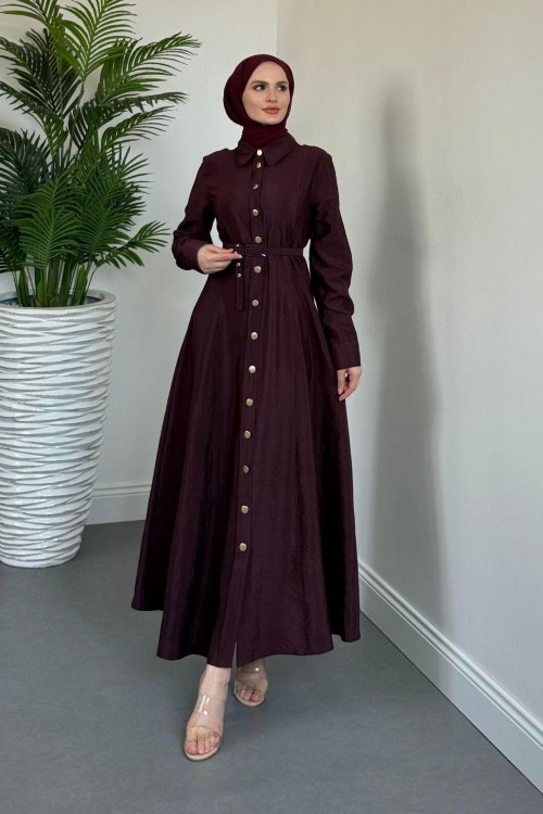 Valira Düğmeli Kemerli Elbise Mürdüm