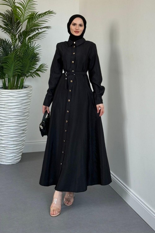 Valira Düğmeli Kemerli Elbise Siyah