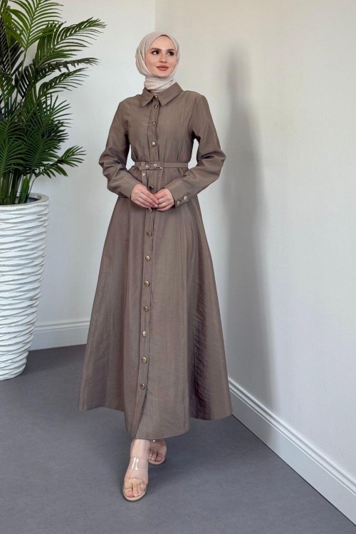 Valira Düğmeli Kemerli Elbise Vizon