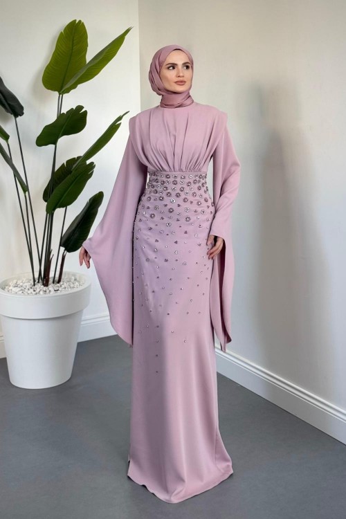 Valmera Taşlı Kolları Asimetrik Kesim Abiye Pudra