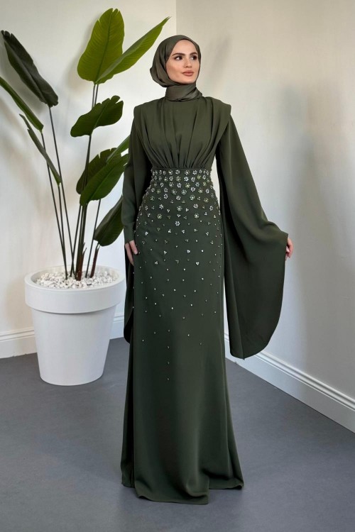 Valmera Taşlı Kolları Asimetrik Kesim Abiye Haki