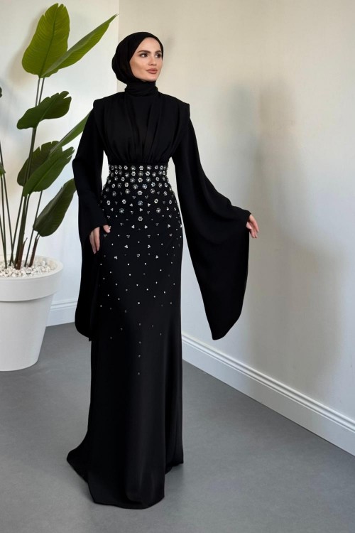 Valmera Taşlı Kolları Asimetrik Kesim Abiye Siyah