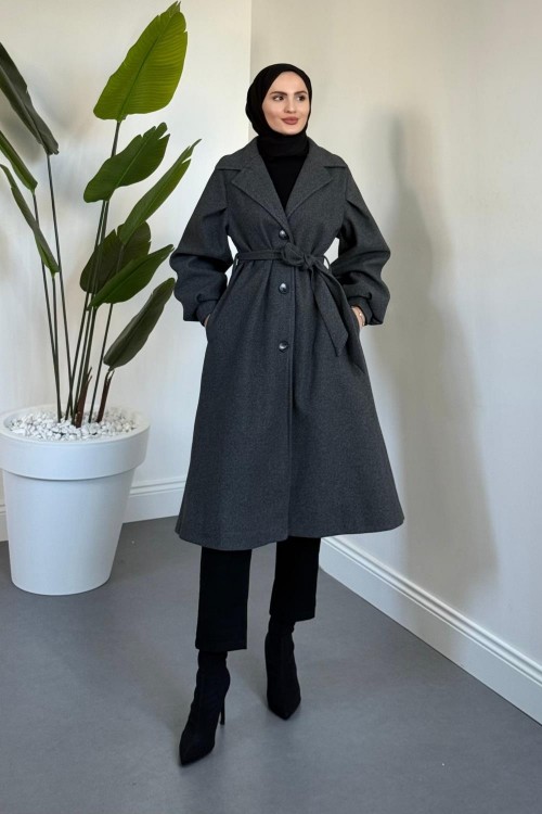 Velura Kuşaklı Astarlı Kaşe Kaban Füme