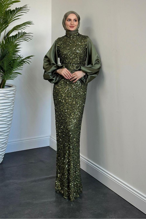 Venesa Kolları Saten Balık Abiye Haki