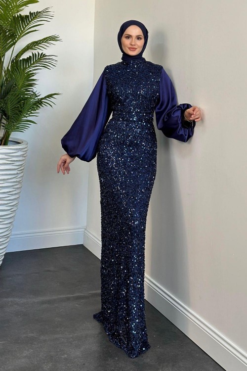 Venesa Kolları Saten Balık Abiye Lacivert