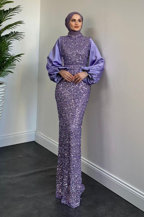 Venesa Kolları Saten Balık Abiye Lila