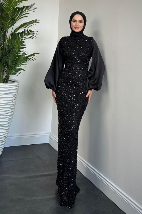 Venesa Kolları Saten Balık Abiye Siyah