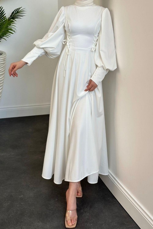 Vento Yanları Büzgülü Çan Elbise Beyaz