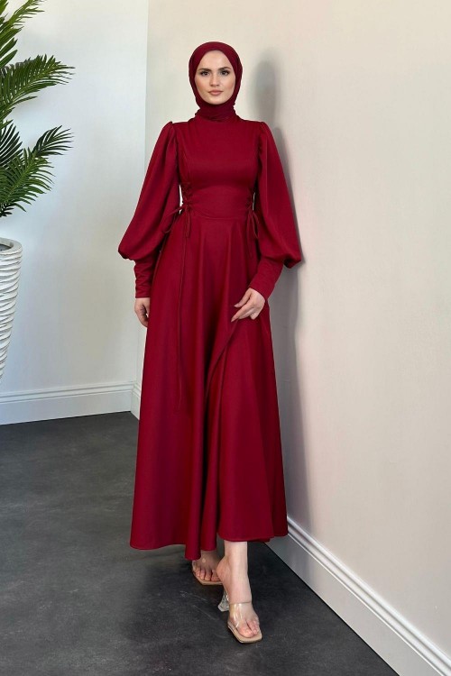 Vento Yanları Büzgülü Çan Elbise Bordo