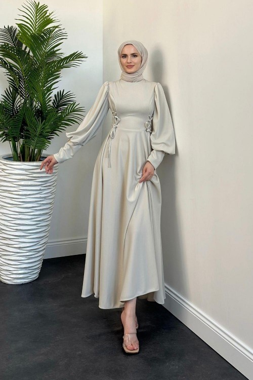 Vento Yanları Büzgülü Çan Elbise Krem