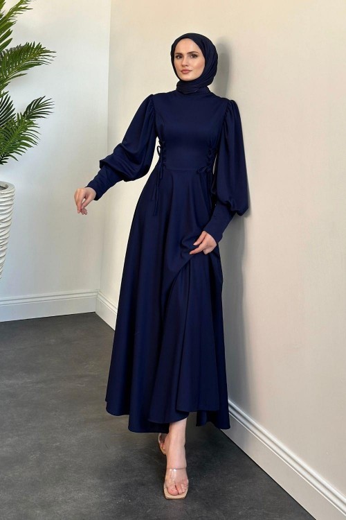 Vento Yanları Büzgülü Çan Elbise Lacivert