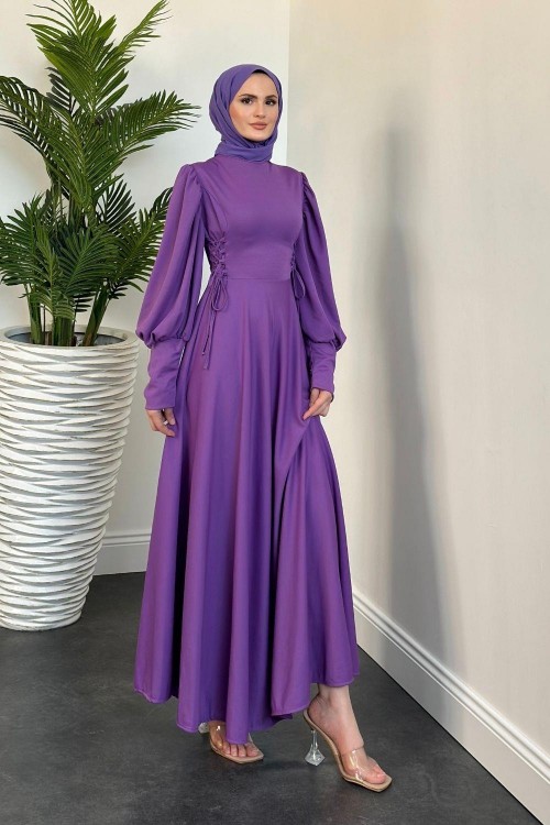 Vento Yanları Büzgülü Çan Elbise Lila