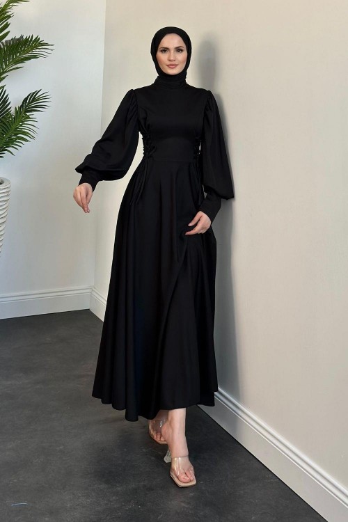 Vento Yanları Büzgülü Çan Elbise Siyah