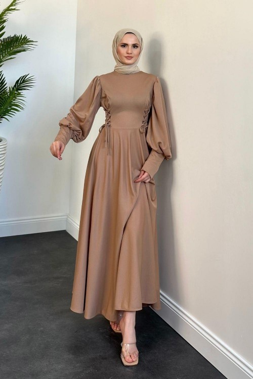 Vento Yanları Büzgülü Çan Elbise Vizon