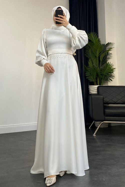 Venüs Beli Taşlı Abiye Beyaz