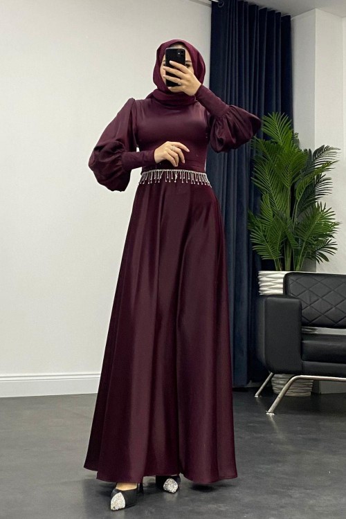 Venüs Beli Taşlı Abiye Bordo