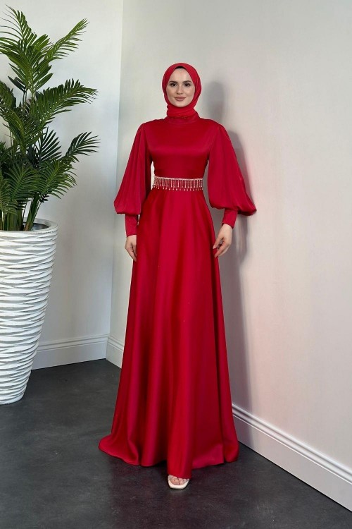 Venüs Beli Taşlı Abiye Kırmızı