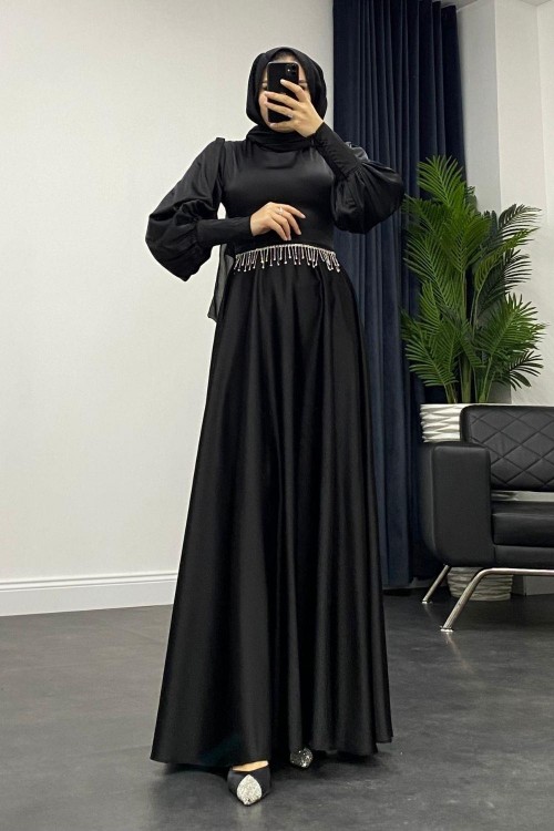 Venüs Beli Taşlı Abiye Siyah