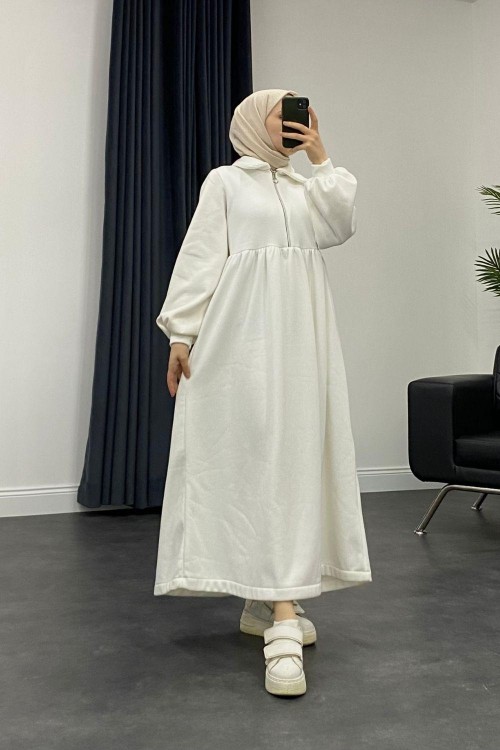 Vereniko Fermuarlı Sweat Elbise Beyaz