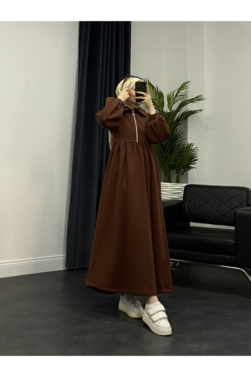 Vereniko Fermuarlı Sweat Elbise Kahverengi