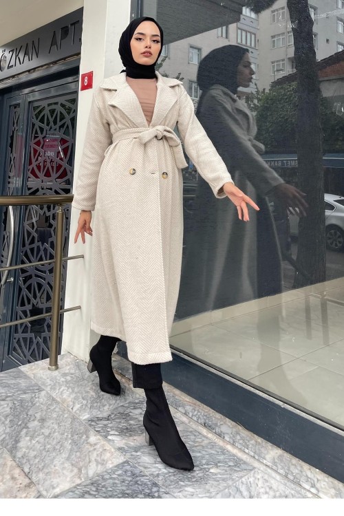 Verev Çizgili Kaşe Kaban Ekru