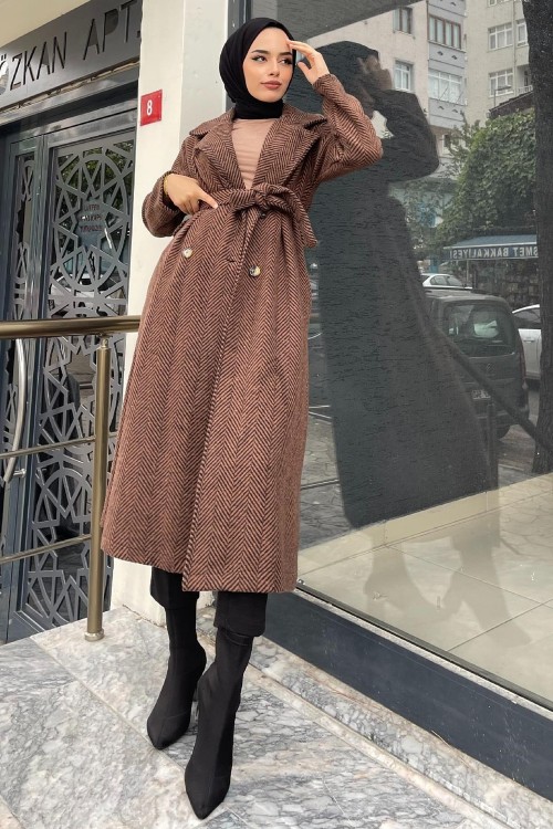 Verev Çizgili Kaşe Kaban Kahverengi