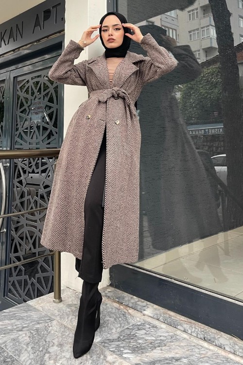 Verev Çizgili Kaşe Kaban SütlüKahve