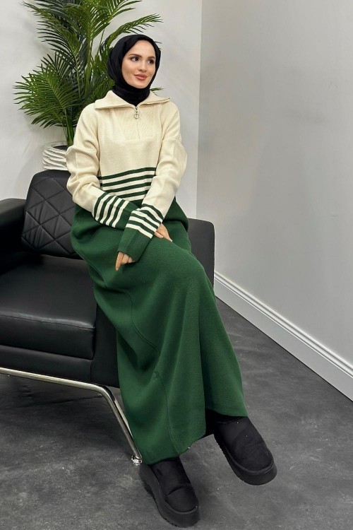 Vernon Çizgili Fermuarlı Triko Elbise Zümrüt