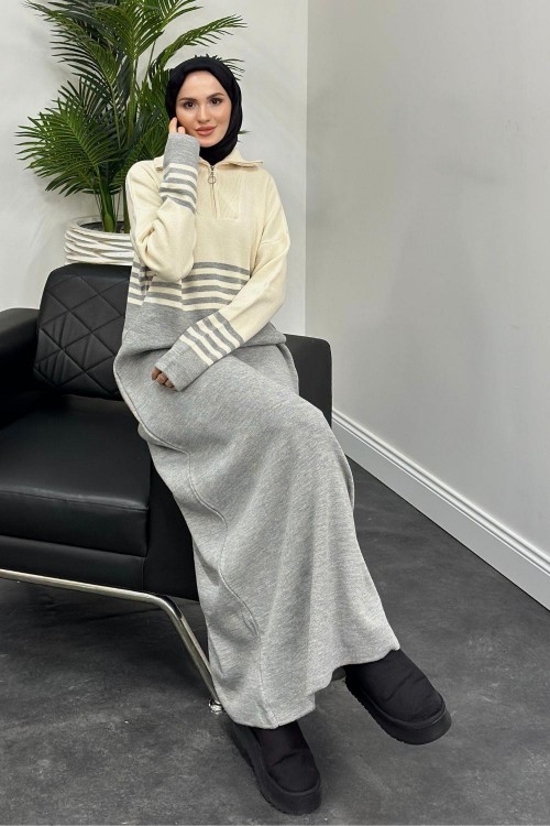 Vernon Çizgili Fermuarlı Triko Elbise Gri