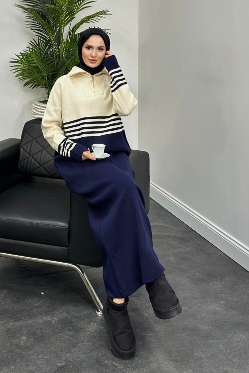 Vernon Çizgili Fermuarlı Triko Elbise Lacivert