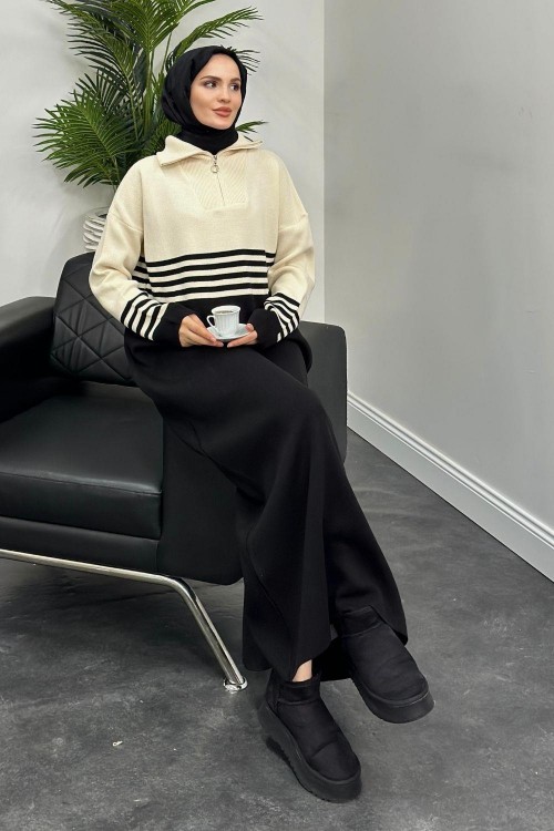 Vernon Çizgili Fermuarlı Triko Elbise Siyah