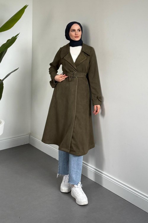 Veyora Nubuk Kemerli Kaban Haki