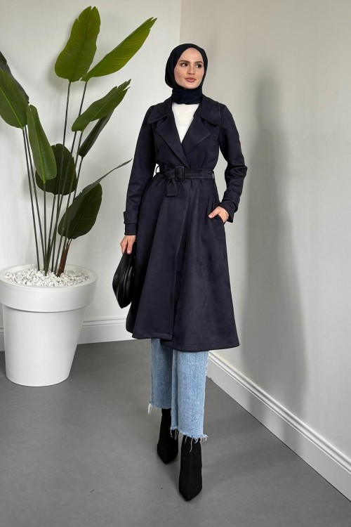 Veyora Nubuk Kemerli Kaban Lacivert