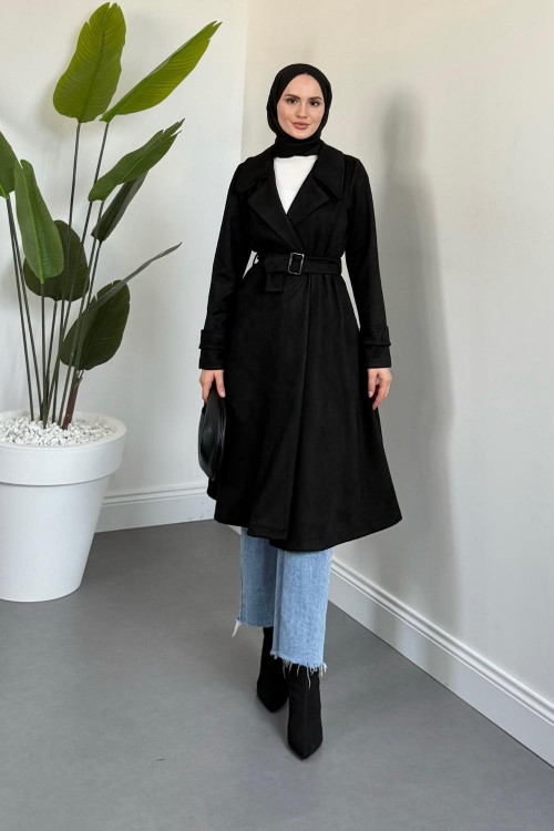 Veyora Nubuk Kemerli Kaban Siyah