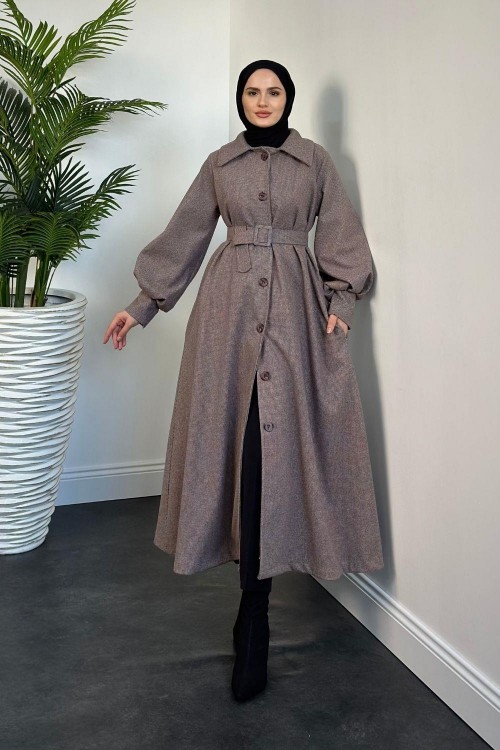 Victor Kolu Manşetli Kemerli Astarlı Kaşe Kaban Kahverengi