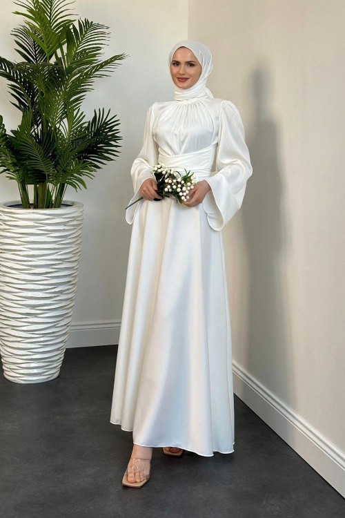 Violet İspanyol Kol Belden Bağlama Saten Elbise Beyaz