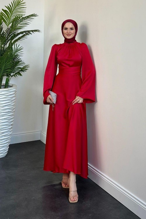 Violet İspanyol Kol Belden Bağlama Saten Elbise Kırmızı