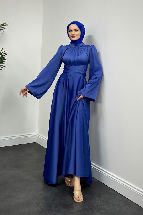 Violet İspanyol Kol Belden Bağlama Saten Elbise İndigo